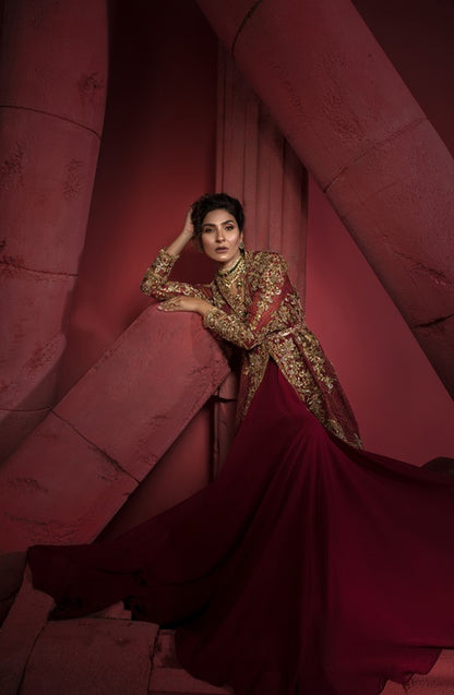Elegant Red Organza Shirt and Jacket Set - Image 3