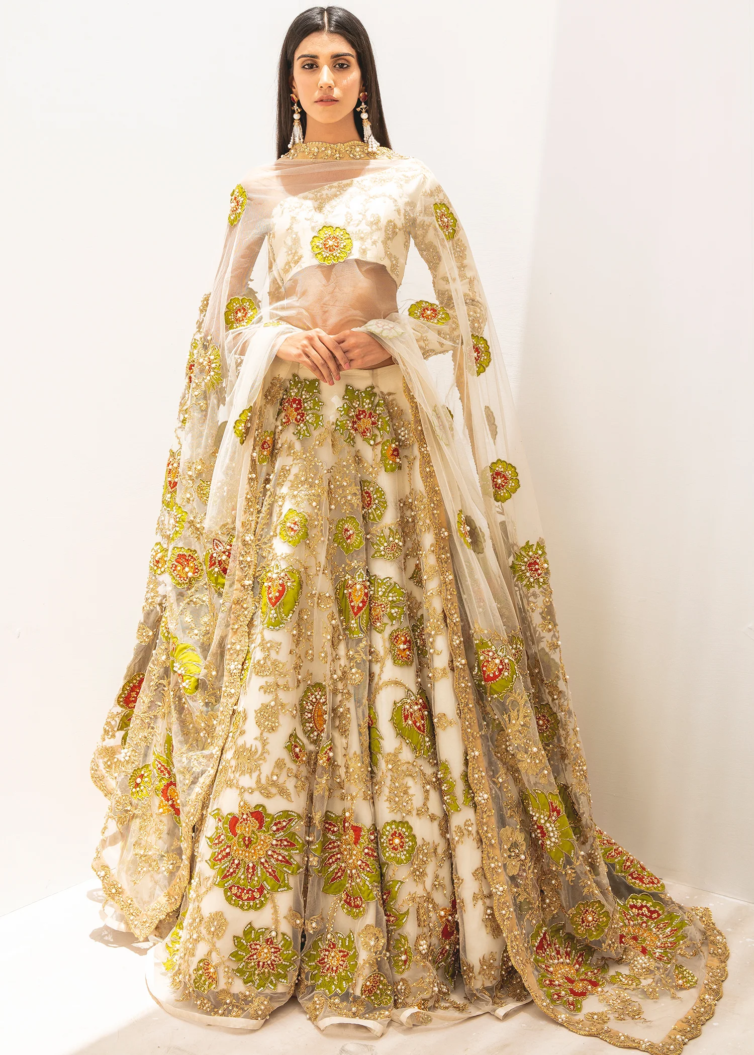 Ivory Floral Embellished Lehenga with One-Shoulder Choli
