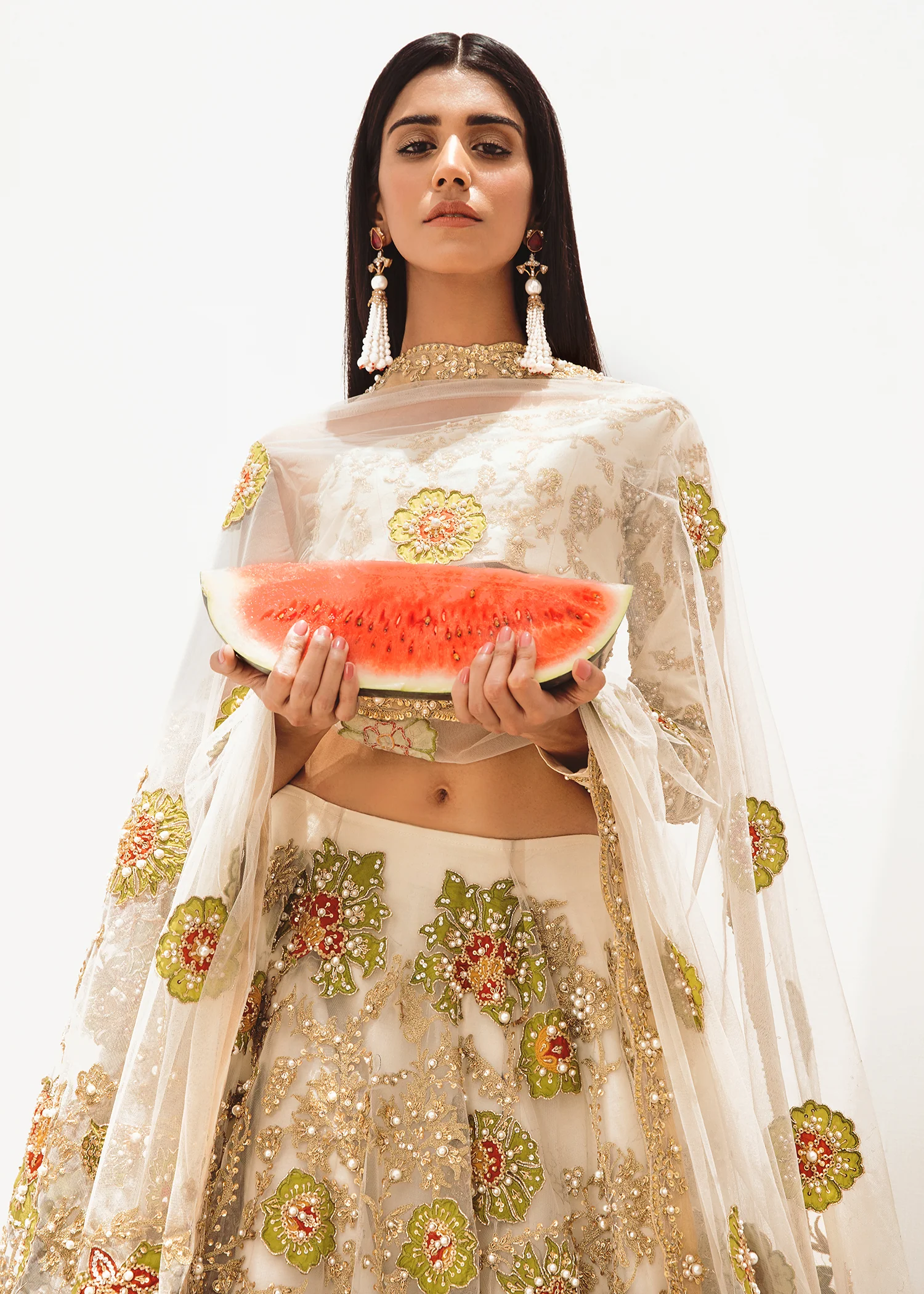 Ivory Floral Embellished Lehenga with One-Shoulder Choli - Image 2