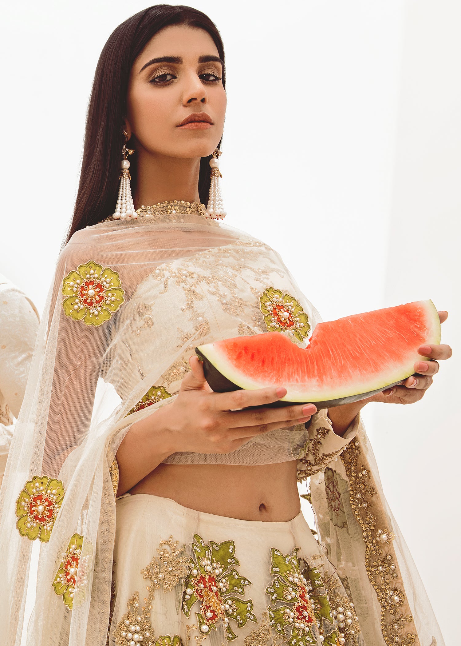 Ivory Floral Embellished Lehenga with One-Shoulder Choli - Image 3