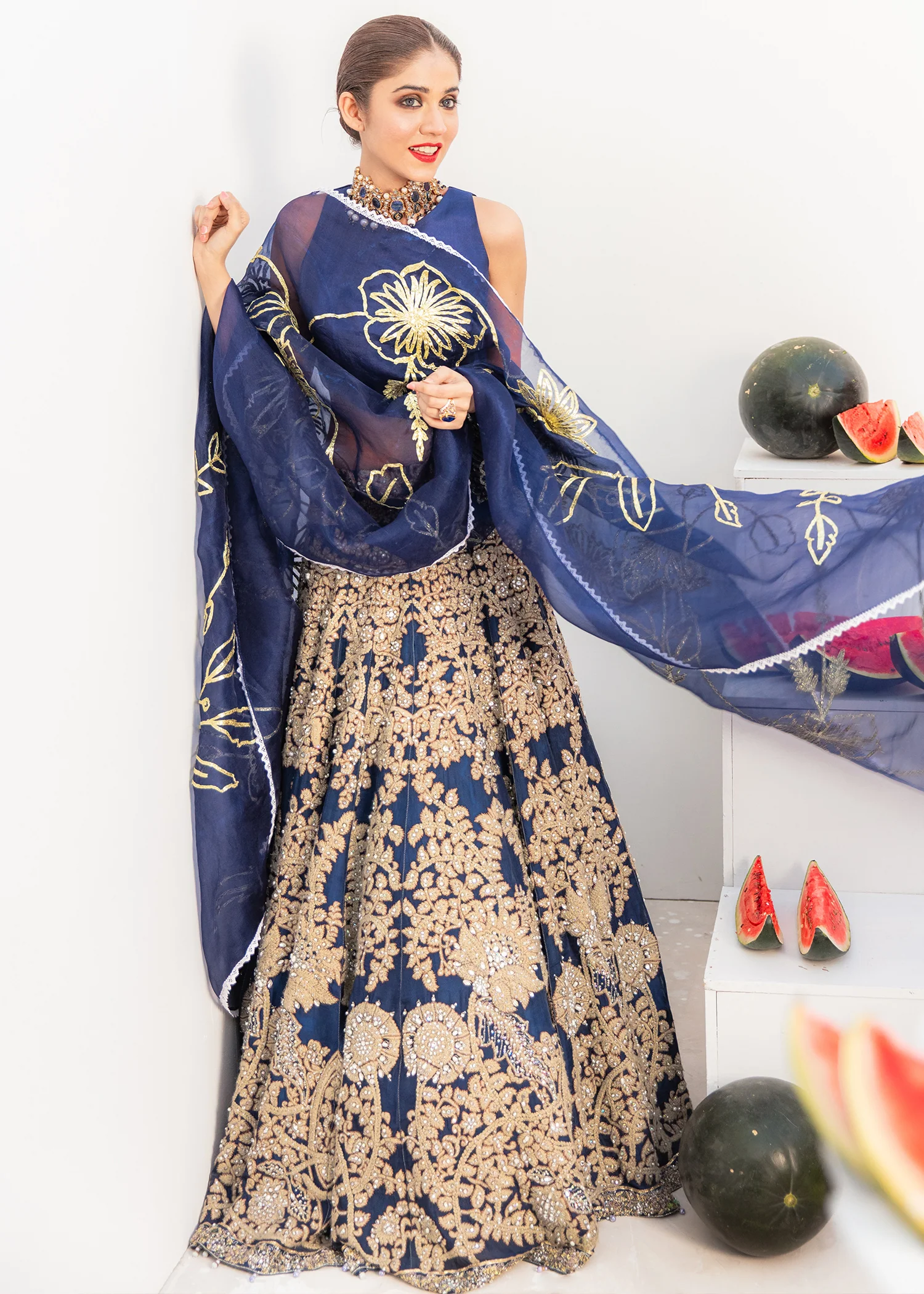Navy Organza Embroidered Lehenga Ensemble