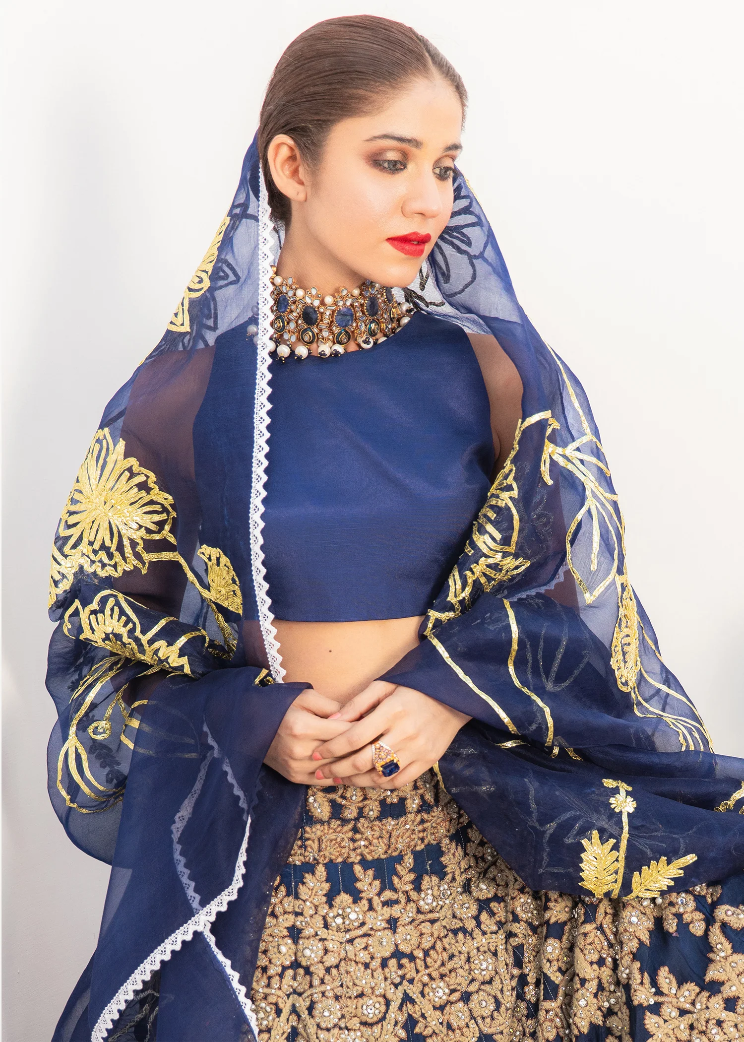 Navy Organza Embroidered Lehenga Ensemble - Image 3