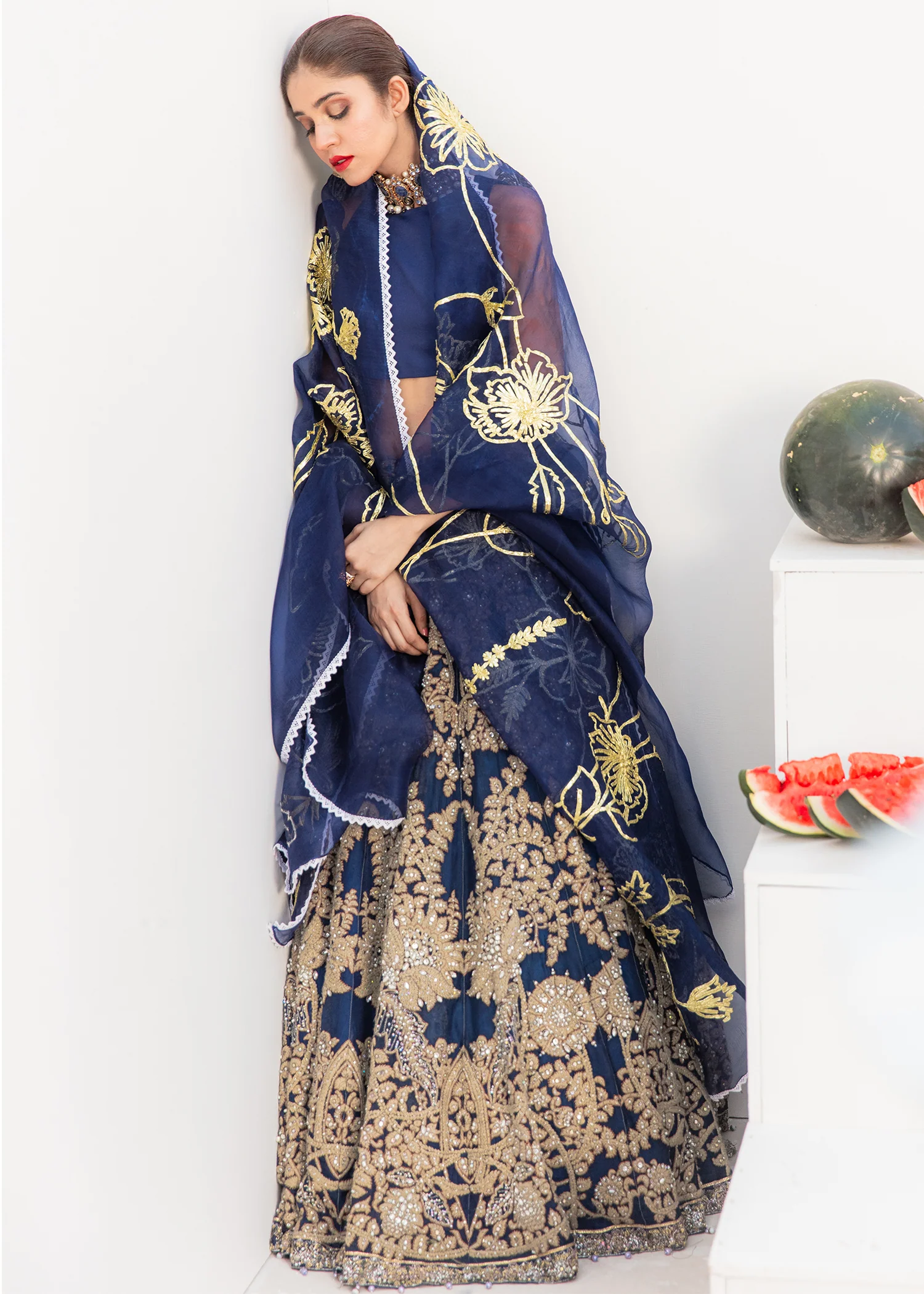 Navy Organza Embroidered Lehenga Ensemble - Image 2