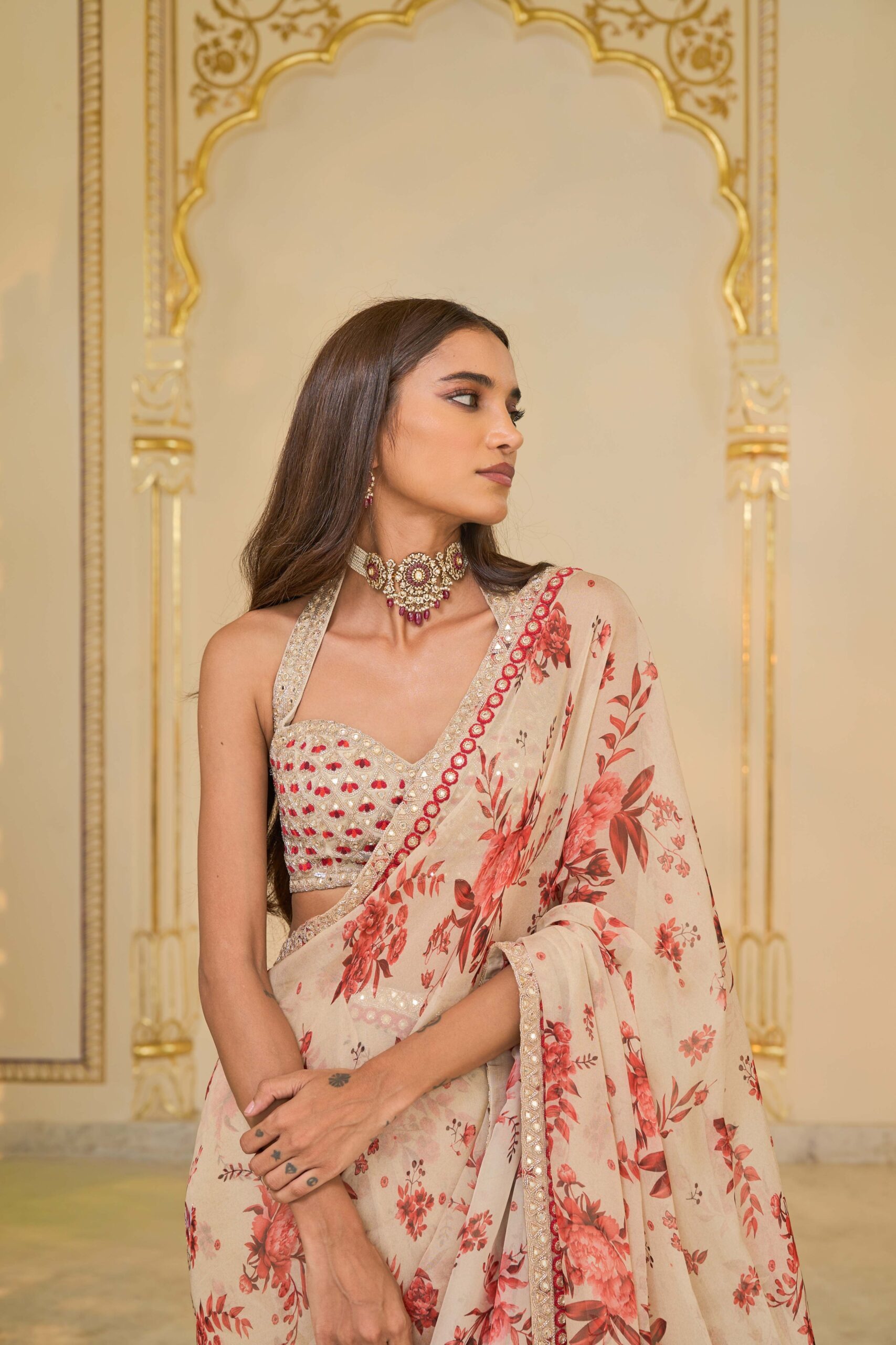 Crimson Radiance Organza Sari Ensemble - Image 4