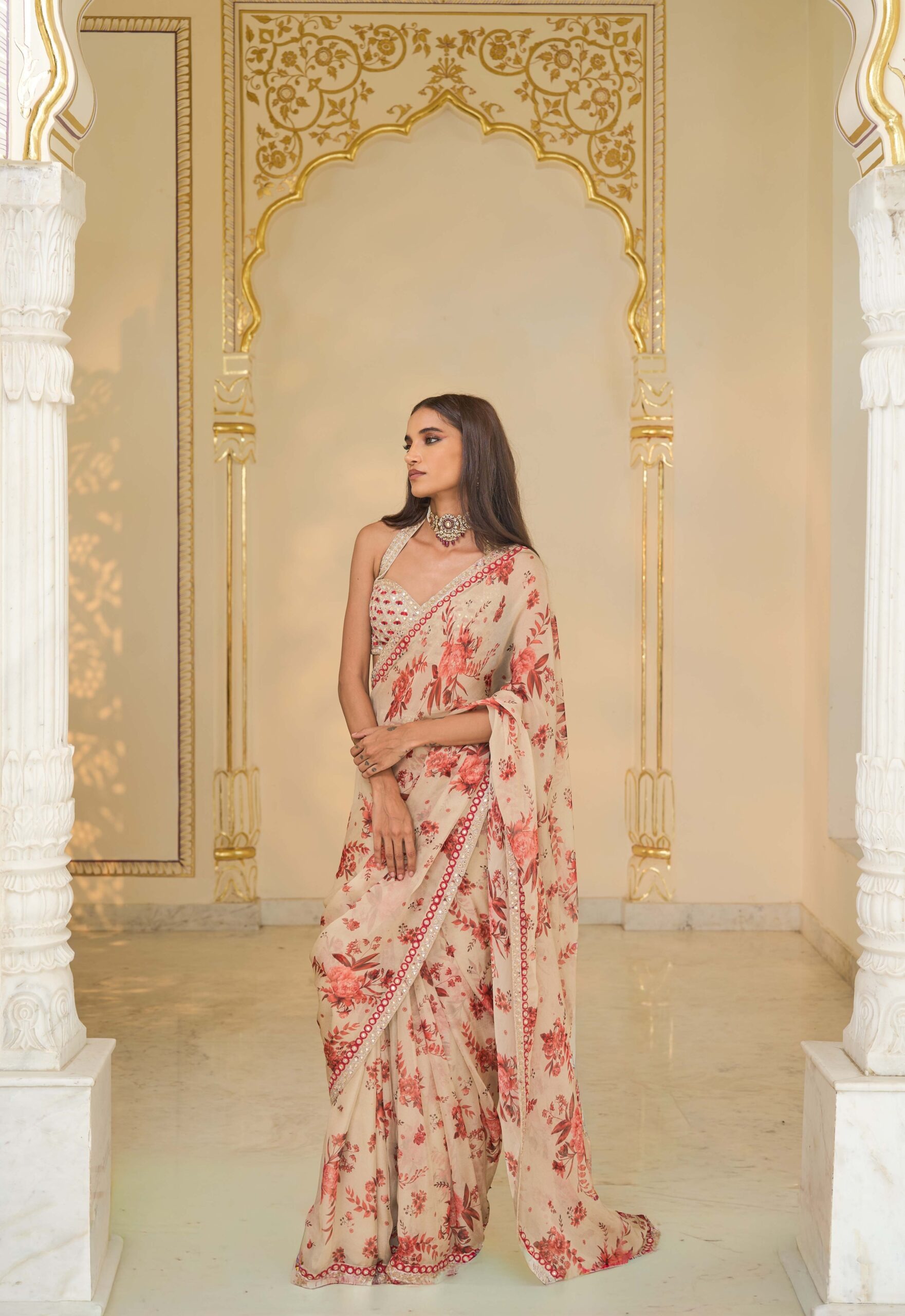 Crimson Radiance Organza Sari Ensemble - Image 2