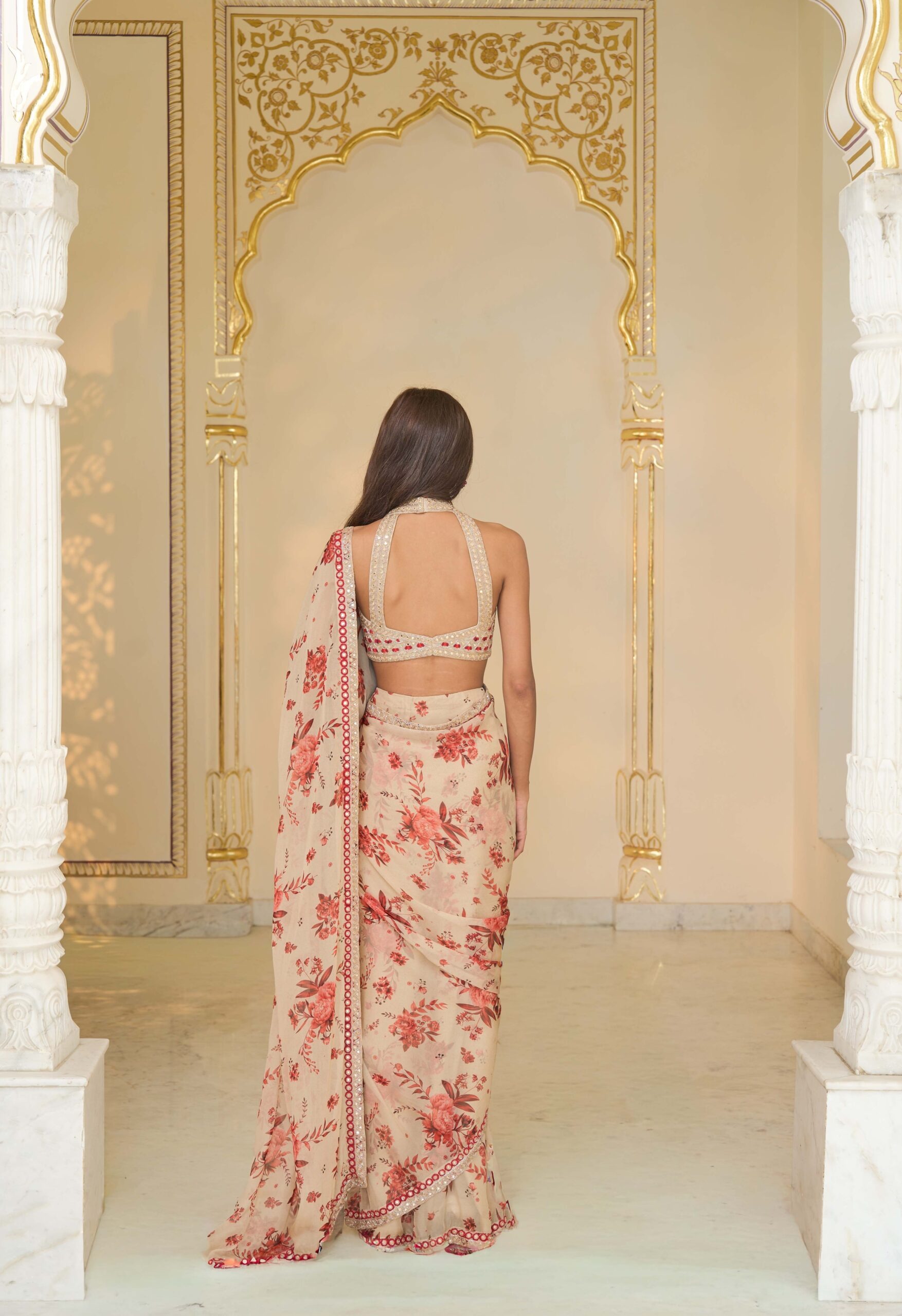 Crimson Radiance Organza Sari Ensemble - Image 3