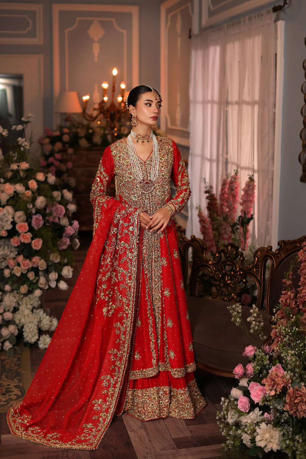 Royal Red Raw Silk Bridal Lehenga with Embellished Shawl
