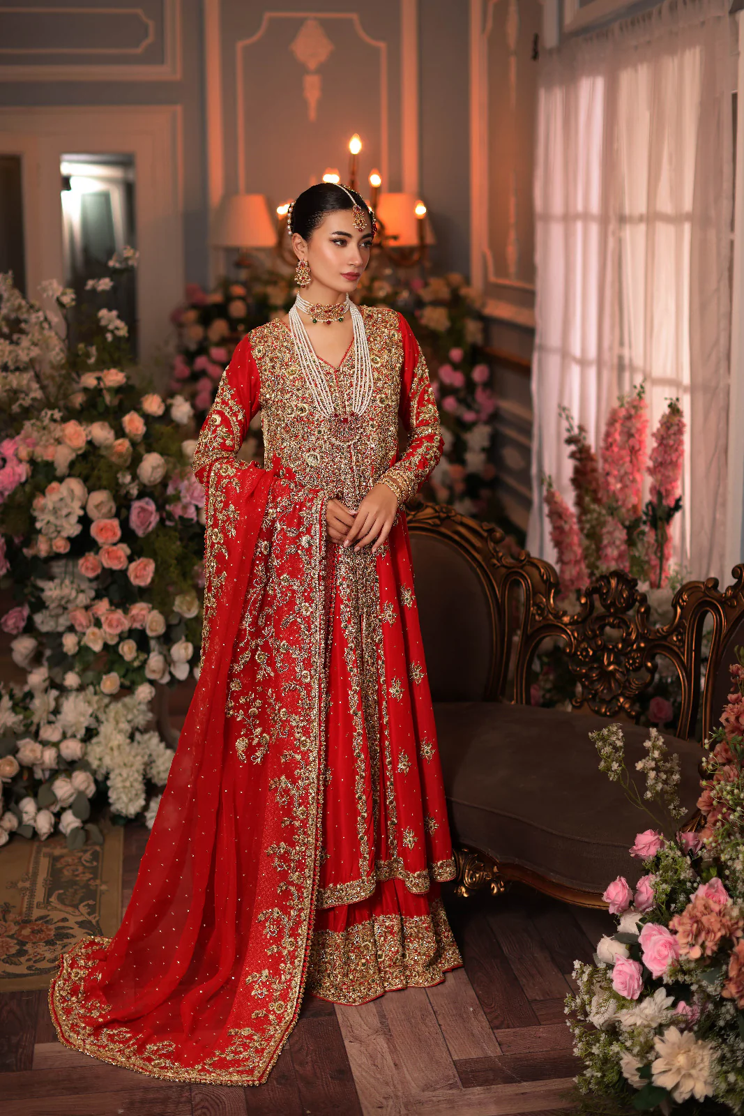 Royal Red Raw Silk Bridal Lehenga with Embellished Shawl - Image 3