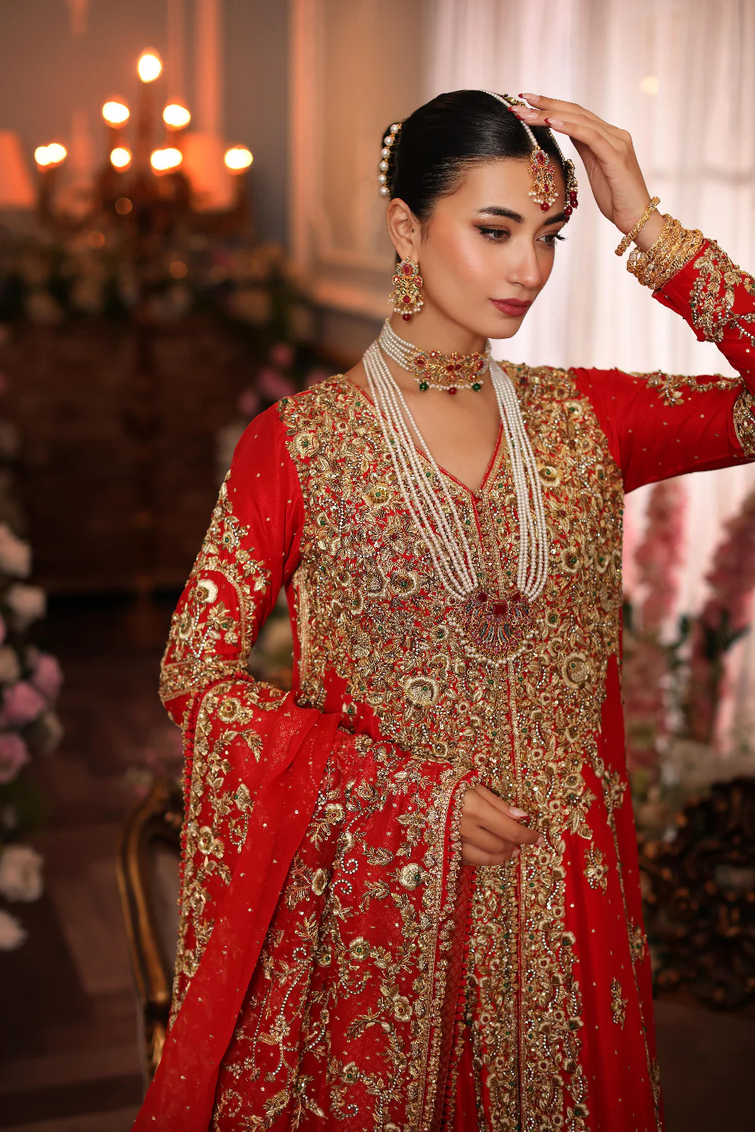 Royal Red Raw Silk Bridal Lehenga with Embellished Shawl - Image 2